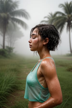 A young woman with a banana body type stands amidst lush green grass, her short blonde bob cut glistening wet from the misty rain. She wears a white tank top and panties, braless, showcasing her curves as the fabric clings to her skin. Her eyes closed, she's lost in the moment amidst the tropical surroundings.

The vibrant greens of the grass blend seamlessly with the woman's wet hair, creating a stunning visual contrast. The foggy mist swirls around her, adding depth and mystery to the scene. Raindrops glisten on her tank top, accentuating her small breasts and toned physique.

In this intimate HDR photo, vivid colors burst forth: the rich greens of the grass, the soft pinks of her skin, and the deep blues of the misty rain. Clear shadows and highlights pop against the lush backdrop, drawing attention to every detail. The woman's athletic build and streamlined silhouette are on full display, as if frozen in time amidst this serene, tropical atmosphere. (((Side view))), 