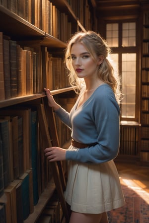 Sophie, a 17-year-old medieval girl with medium blonde hair and bright blue eyes, stands before a majestic library ladder, her curiosity piqued as she climbs to reach a top-shelf book. The evening sunlight casts a warm glow on her determined face, illuminated by the soft overhead lighting.

Her glasses perched delicately on the end of her nose, Sophie's hands grasp the rungs of the ladder, her sweater-clad arms stretching upwards as if reaching for new knowledge. Her medium-breasted figure is framed by the towering bookshelf, its vertical wooden slats disappearing into the shadows.

The room is a treasure trove of tomes, with books of varying sizes stacked haphazardly around Sophie. The leather-bound spines and worn paper pages seem to glow in the soft light, as if infused with an otherworldly aura. The kawaii, anime-inspired aesthetic is enhanced by Sophie's loose bun and innocent expression, exuding a sense of wonder and discovery.

This ultra-high-resolution masterpiece (8K) features an unparalleled level of detail, making it suitable for wallpaper or any discerning art collector seeking an extremely detailed, high-quality piece.