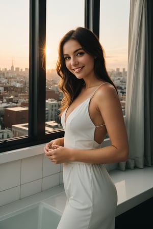 A stunning woman with a radiant smile and captivating eyes, standing confidently in front of a vibrant cityscape at sunset. Soft, warm lighting accentuates her porcelain skin and luscious locks as she strikes a pose, one hand resting on the windowsill while gazing out at the breathtaking view.