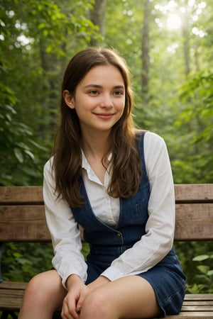 Warm sunlight frames the 13-year-old girl's face, highlighting her bright blue eyes that sparkle with curiosity. She sits on a worn wooden bench, her long brown hair loosely tied in a ponytail, as she gazes out at the lush greenery surrounding her. The gentle breeze rustles the leaves, and her subtle smile hints at a secret only nature knows, as she sits amidst the serene forest atmosphere.