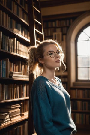 Sophie, a 17-year-old medieval girl with medium blonde hair and bright blue eyes, stands before a majestic library ladder, her curiosity piqued as she climbs to reach a top-shelf book. The evening sunlight casts a warm glow on her determined face, illuminated by the soft overhead lighting.

Her glasses perched delicately on the end of her nose, Sophie's hands grasp the rungs of the ladder, her sweater-clad arms stretching upwards as if reaching for new knowledge. Her medium-breasted figure is framed by the towering bookshelf, its vertical wooden slats disappearing into the shadows.

The room is a treasure trove of tomes, with books of varying sizes stacked haphazardly around Sophie. The leather-bound spines and worn paper pages seem to glow in the soft light, as if infused with an otherworldly aura. The kawaii, anime-inspired aesthetic is enhanced by Sophie's loose bun and innocent expression, exuding a sense of wonder and discovery.

This ultra-high-resolution masterpiece (8K) features an unparalleled level of detail, making it suitable for wallpaper or any discerning art collector seeking an extremely detailed, high-quality piece.