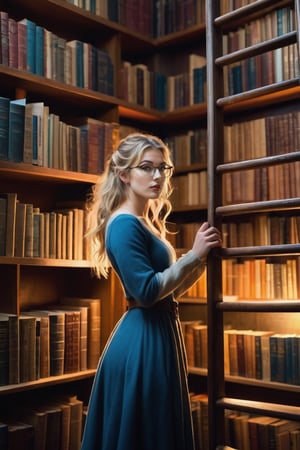 Sophie, a 17-year-old medieval girl with medium blonde hair and bright blue eyes, stands before a majestic library ladder, her curiosity piqued as she climbs to reach a top-shelf book. The evening sunlight casts a warm glow on her determined face, illuminated by the soft overhead lighting.

Her glasses perched delicately on the end of her nose, Sophie's hands grasp the rungs of the ladder, her sweater-clad arms stretching upwards as if reaching for new knowledge. Her medium-breasted figure is framed by the towering bookshelf, its vertical wooden slats disappearing into the shadows.

The room is a treasure trove of tomes, with books of varying sizes stacked haphazardly around Sophie. The leather-bound spines and worn paper pages seem to glow in the soft light, as if infused with an otherworldly aura. The kawaii, anime-inspired aesthetic is enhanced by Sophie's loose bun and innocent expression, exuding a sense of wonder and discovery.

This ultra-high-resolution masterpiece (8K) features an unparalleled level of detail, making it suitable for wallpaper or any discerning art collector seeking an extremely detailed, high-quality piece.