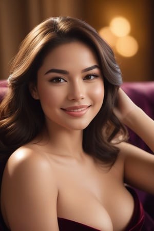 A sultry evening shot of a woman with a captivating smile 😃, her sensuality radiating as she reclines on a plush velvet couch in a dimly lit, intimate setting. Soft golden lighting casts a warm glow on her features, highlighting the curves of her face and neck. Her eyes gleam with mischief, inviting the viewer to join her in a whispered secret.👙🌡️