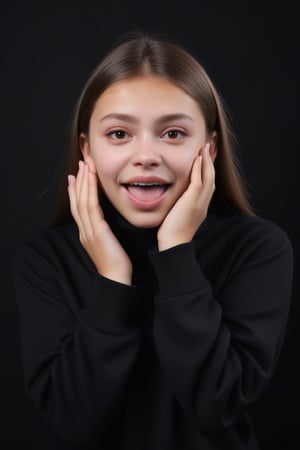 Russian, fashionable, lightweight, cute expression with hands grabbing face and sticking out tongue, pure black background



