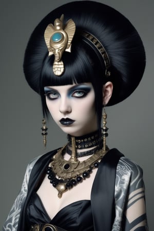 Cleopatra in a fusion of Japanese-inspired Gothic punk fashion, elegance ancient Egypt edgy elements of Gothic punk,Envision Cleopatra adorned in a kimono-inspired gown with Gothic accessories, incorporating traditional Japanese motifs and punk-inspired details,Emphasize the unique synthesis of styles, capturing the regal allure of Cleopatra with a contemporary and rebellious twist,goth person,pastel goth,dal