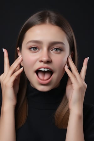 Russian, fashionable, lightweight, cute expression with hands grabbing face and sticking out tongue, pure black background



