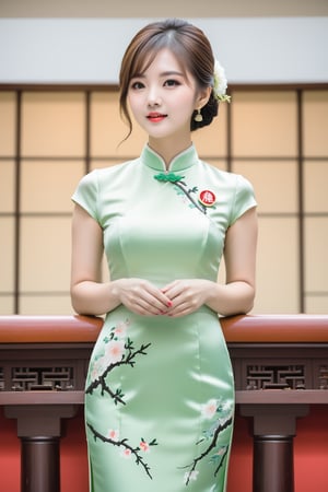 1girl age 28,  facing audience,  light green cheongsam, stand on the rostrum, speech, professional,