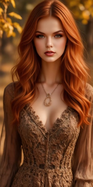  Create a hyper-realistic image, of a beautiful young woman, red hair, makeup, amidst the fall foliage, with leaves falling all around her. Emphasize the rich colors of the season and the intricate textures of her upper body, evoking the rustic charm of an autumn day, zaya, midjourney_whisper_avant_couture