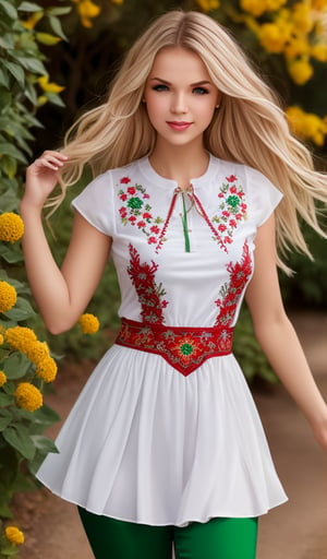 1girl, upper body, beautiful young woman, blonde, (in beautiful Ukrainian national costume embroidery ornament white, red, green), sunny day, botanical garden, realistic