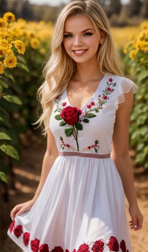 Beautiful young woman, blonde, smiling, clear facial features, (dressed in Ukrainian beautiful long white dress with embroidered rose ornament), sunny day, nature, realistic
