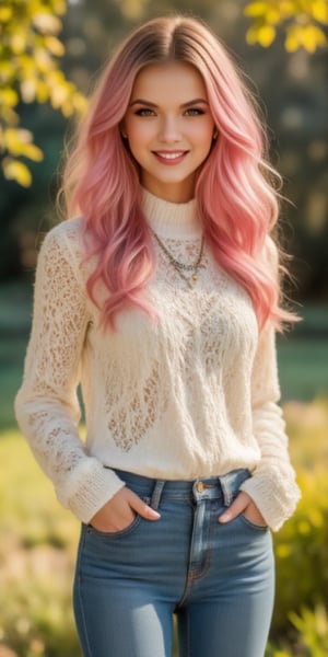  beautiful young woman, pink hair, (in white sweater and jeans), sunny day, park, zaya, midjourney_whisper_avant_couture