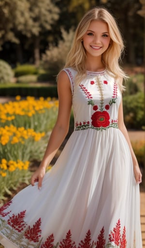 1girl, Beautiful young woman, blonde, smiling, clear facial features, (dressed in a beautiful Ukrainian national long dress with embroidered ornaments green, red, white), sunny day, botanical garden, realistic