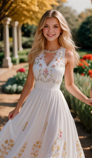 Beautiful young woman, blonde, smiling, clear facial features, (dressed in a beautiful Ukrainian national black long dress with white embroidered ornament), sunny day, botanical garden, shot on Cinestill 800T --style raw