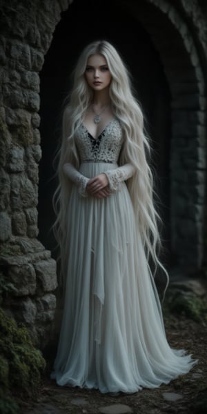  A mystical portrait of a 20-year-old woman: Framed by a dimly lit, eerie atmosphere, the subject stands out against a dark, moss-covered stone wall. Her long, flowing white hair, streaked with black growth, cascades down her back like a river of moonlight. Her porcelain-like skin glows softly in the faint light. She wears a flowing white and black ensemble that seems to blend with the shadows. Dark brown eyes, deep and mysterious, seem to hold secrets and stories untold, zaya, midjourney_whisper_avant_couture