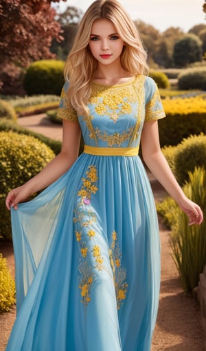 Beautiful young woman, blonde, clear facial features, (wearing a beautiful blue and yellow long dress with an ornament of colorful embroidery), model body pose, sunny day, botanical garden, realistic