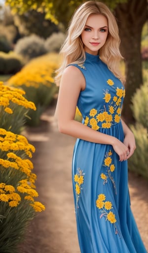 Beautiful young woman, blonde, clear facial features, (wearing a beautiful blue and yellow long dress with an ornament of colorful embroidery), model body pose, sunny day, botanical garden, realistic