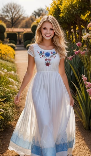 Beautiful young woman, blonde, smiling, clear facial features, (dressed in a beautiful Ukrainian national white long dress with embroidered ornament blue), sunny day, botanical garden, realistic