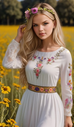 Beautiful young woman, blonde, wearing a beautiful dress with long sleeves with ornament of multicolored embroidery, on her head a wreath of flowers, shot in honor of traditional Ukrainian culture by Alexander Vasyukov outdoors in a field of wildflowers in bright natural sunlight, high detail, sharp focus, ultra-high resolution details, high quality photography, photorealism