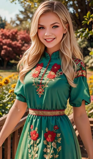 1girl, upper body, Beautiful young woman, blonde, smiling, clear facial features, (dressed in a beautiful Ukrainian national long dress with embroidered ornaments green, red), sunny day, botanical garden, realistic