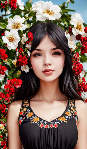 1girl, Beautiful young woman, black hair, clear facial features, (in a beautiful Ukrainian national long dress with embroidered ornaments of white, black, scarlet, color), sunny day, botanical garden, realistic, woman