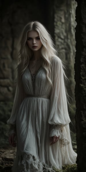  A mystical portrait of a 20-year-old woman: Framed by a dimly lit, eerie atmosphere, the subject stands out against a dark, moss-covered stone wall. Her long, flowing white hair, streaked with black growth, cascades down her back like a river of moonlight. Her porcelain-like skin glows softly in the faint light. She wears a flowing white and black ensemble that seems to blend with the shadows. Dark brown eyes, deep and mysterious, seem to hold secrets and stories untold, zaya, midjourney_whisper_avant_couture