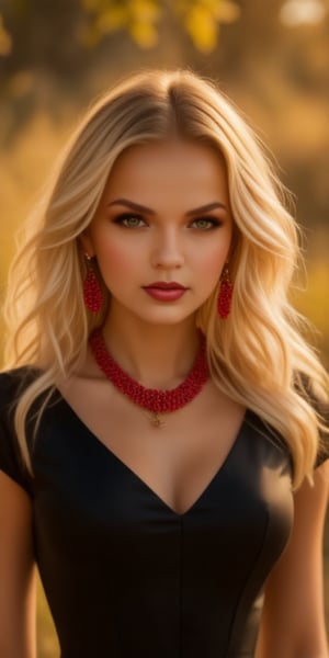 A radiant blonde beauty sits poised in a warm, golden light, her bright illuminating the frame. A stunning black dress cinches at the waist, showcasing her curves, as a bold red necklace and earrings burst forth in vibrant color. The blurred bokeh background softly focuses attention on her striking features: piercing eyes, defined brows, and full lips, zaya, midjourney_whisper_avant_couture