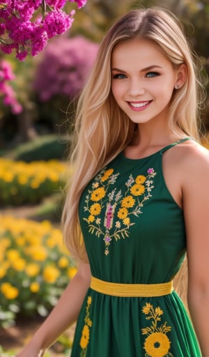 1girl, Beautiful young woman, blonde, smiling, clear facial features, (dressed in a beautiful Ukrainian national long dress with embroidered ornaments green, yellow), sunny day, botanical garden, realistic