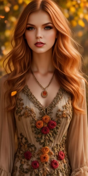  Create a hyper-realistic image, of a beautiful young woman, red hair, makeup, amidst the fall foliage, with leaves falling all around her. Emphasize the rich colors of the season and the intricate textures of her upper body, evoking the rustic charm of an autumn day, zaya, midjourney_whisper_avant_couture