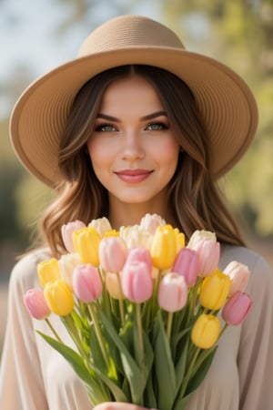  A stylish person in a wide-brimmed hat and blouse holds a lush bouquet of tulips. The scene is done in soft pastel colors emphasizing light pink, mint green and pale yellow. High quality digital photography with bright natural light creates a fresh and airy atmosphere. The image shows clear details and shallow depth of field, emphasizing the subject's face and the bright floral arrangement. The background is slightly blurred, suggesting an outdoor setting. The overall composition conveys a chic, spring mood with a touch of elegance, captured on Kodak Portra 800,, raw_photo, zaya