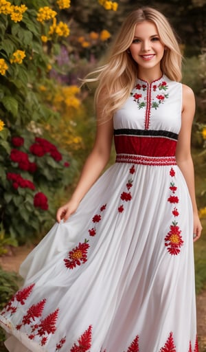 Beautiful young woman, blonde, smiling, (clear facial features), (dressed in a beautiful Ukrainian national long dress with embroidered ornaments red, white, black), sunny day, botanical garden, realistic