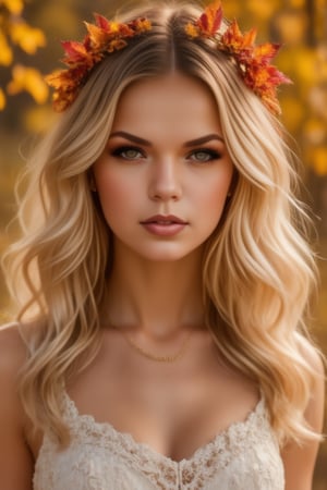 full body from the knees up, young woman blonde, on her head a wreath of bright autumn leaves, in a beautiful white dress, soft golden light illuminates his face, freckles are visible on the nose and cheeks, intense eyes stare directly into the camera, hair lightly fluttering in the breeze, clear bokeh background with blurred autumn leaves, hyper-detailed skin texture, shot on an expensive DSLR with an 85mm lens, sharp focus on facial features, warm color palette dominated by rich oranges, deep reds and golden yellows, photorealistic style reminiscent of high-end fashion photography. captured on Kodak Portra 800,, zaya,raw_photo