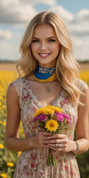 A beautiful woman, blonde, with a bouquet of spring flowers in her hands, in a beautiful dress, (with a blue-yellow scarf around her neck) on the background of a field of flowers going to the sky, zaya, midjourney_whisper_avant_couture