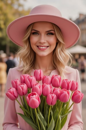  A midshot portrait of a stylish woman in a pink wide-brimmed hat and modern Channel pink jacket holds a lush bouquet of pink tulips. High quality digital photography. Bright sunny day in London on the background, hard lighting, captured on Kodak Gold 200 --style raw, zaya