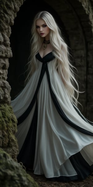  A mystical portrait of a 20-year-old woman: Framed by a dimly lit, eerie atmosphere, the subject stands out against a dark, moss-covered stone wall. Her long, flowing white hair, streaked with black growth, cascades down her back like a river of moonlight. Her porcelain-like skin glows softly in the faint light. She wears a flowing white and black ensemble that seems to blend with the shadows. Dark brown eyes, deep and mysterious, seem to hold secrets and stories untold, zaya, midjourney_whisper_avant_couture