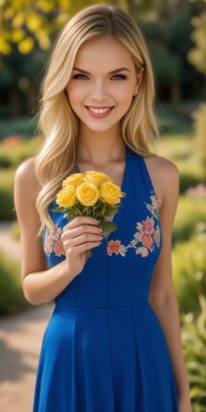 beautiful young woman, blonde, smiling, (in a beautiful long tight blue dress with a bouquet of yellow roses),sunny day, park, zaya, midjourney_whisper_avant_couture