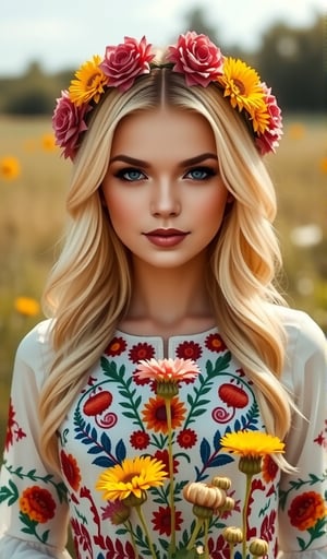 Beautiful young woman, blonde, in a dress with ornament of multicolored embroidery, on her head a wreath of flowers, shot in honor of traditional Ukrainian culture by Alexander Vasyukov outdoors in a field of wildflowers in bright natural sunlight, high detail, sharp focus, ultra-high resolution details, high quality photo, photorealistic