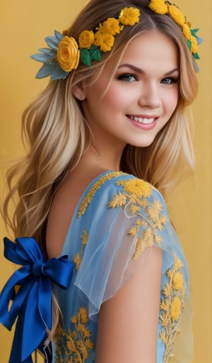 beautiful young woman, smiling, blonde, clear facial features, (in a beautiful dress with embroidery ornament), (blue-yellow wreath of flowers on her head), (blue-yellow background), realistic