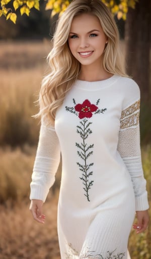 beautiful young woman, blonde, smiling, clear facial features, (dressed in a beautiful white knitted dress with embroidery ornament), sunny day, nature, realistic