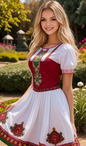 1girl, beautiful young woman, blonde, smiling, (in beautiful Ukrainian national costume embroidery ornament white, red, green), sunny day, botanical garden, realistic