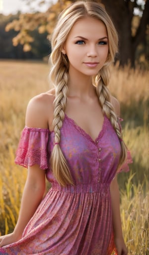 1girl, beautiful young woman, blonde, dressed in colorful dress, with braided hair, sunny day, nature, realistic