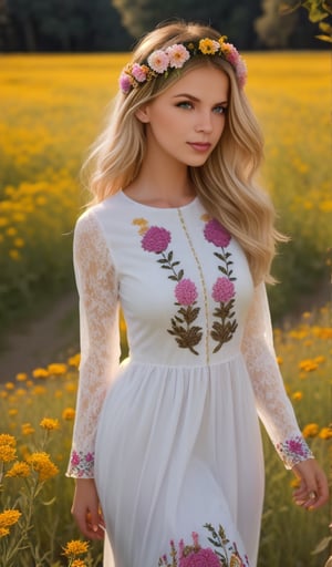 Beautiful young woman, blonde, wearing a beautiful dress with long sleeves with ornament of multicolored embroidery, on her head a wreath of flowers, shot in honor of traditional Ukrainian culture by Alexander Vasyukov outdoors in a field of wildflowers in bright natural sunlight, high detail, sharp focus, ultra-high resolution details, high quality photography, photorealism