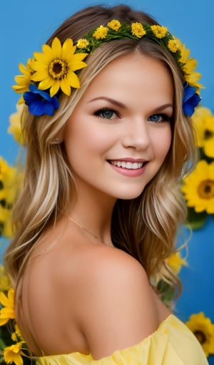 beautiful young woman, smiling, blonde, clear facial features, (blue-yellow dress), (blue-yellow flower wreath on her head), (blue-yellow background), realistic