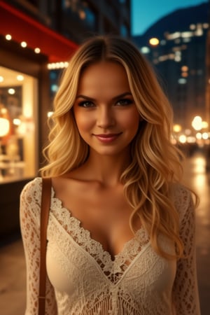 A cinestilled moment: A close-up portrait of a stunning woman, glows in white lace top, curly golden locks cascading down her back as she strolls along the central street at night. Warm shop windows illuminate her bright smile, reflecting off wet pavement like a dynamic sheen. Towering buildings frame her evening promenade, frozen in time like a precious gem under Cinestill 800T's raw aesthetic, capturing the essence of this nocturnal beauty.,zaya