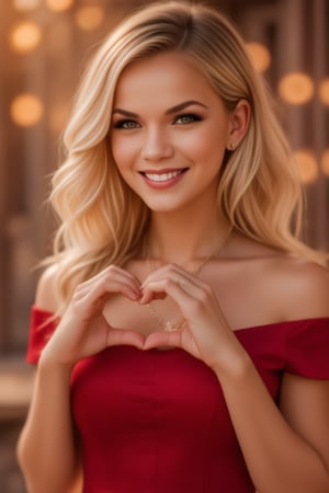  Photorealistic portrait of a beautiful blonde woman in a beautiful red dress, forming a heart shape with her hands, gentle smile, warm expression, soft diffused bokeh background, shallow depth of field, studio lighting, high resolution details, professional shooting, Canon EOS R5, lens 85 mm f/1.2, bokeh effect, natural skin texture, subtle flare in the eyes, zaya,raw_photo