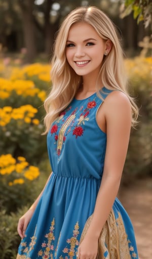 1girl, upper body, Beautiful young woman, blonde, smiling, clear facial features, (dressed in a beautiful Ukrainian national dress with embroidered ornament blue), sunny day, botanical garden, realistic