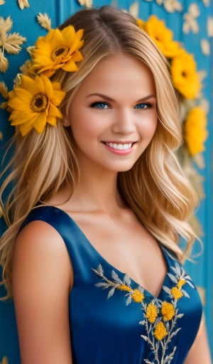 beautiful young woman, smiling, blonde, clear facial features, (in a beautiful dress with embroidery ornament), on her head a blue-yellow wreath of flowers, blue-yellow background, realistic