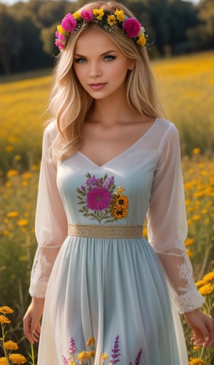 Beautiful young woman, blonde, wearing a beautiful dress with long sleeves with ornament of multicolored embroidery, on her head a wreath of flowers, shot in honor of traditional Ukrainian culture by Alexander Vasyukov outdoors in a field of wildflowers in bright natural sunlight, high detail, sharp focus, ultra-high resolution details, high quality photography, photorealism