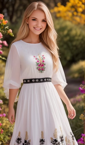 1girl, Beautiful young woman, blonde, smiling, clear facial features, (wearing a beautiful Ukrainian national long dress with embroidered ornaments in white, black), sunny day, botanical garden, realistic