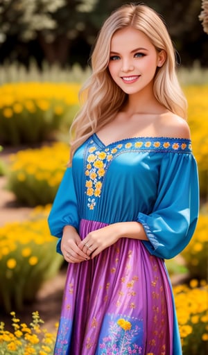 A young blonde woman, radiant with beauty, sports a bright smile and sharp facial features amidst lush greenery in a botanical garden on a sunny day. She wears a breathtaking traditional Ukrainian national long dress with intricate yellow and blue embroidery, standing amidst a kaleidoscope of colors as vibrant flowers surround her. The warm sunlight casts gentle shadows on the delicate petals and emphasizes the subject's captivating gaze, shining like the blooms around her.