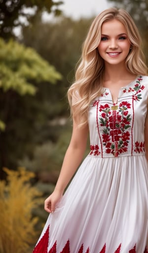 1girl, Beautiful young woman, blonde, smiling, (clear facial features), (dressed in a beautiful Ukrainian national long dress with embroidered ornaments red, white, black), sunny day, botanical garden, realistic